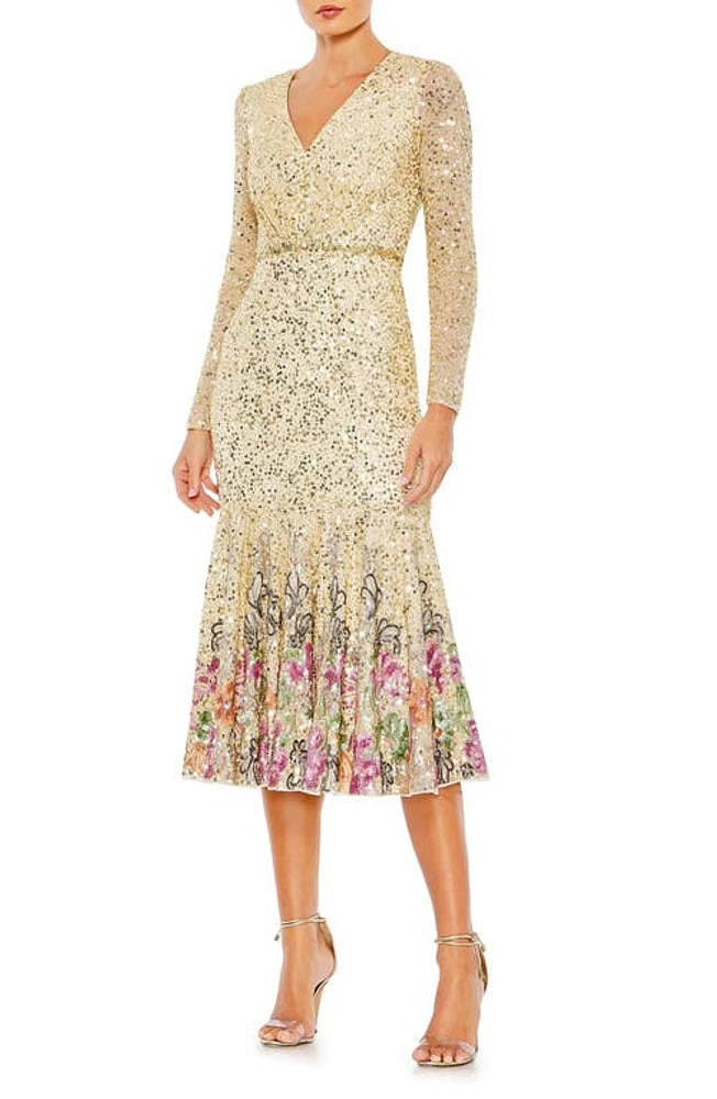 Mac Duggal Floral Embellished Long Sleeve Midi Cocktail Dress at Nordstrom,