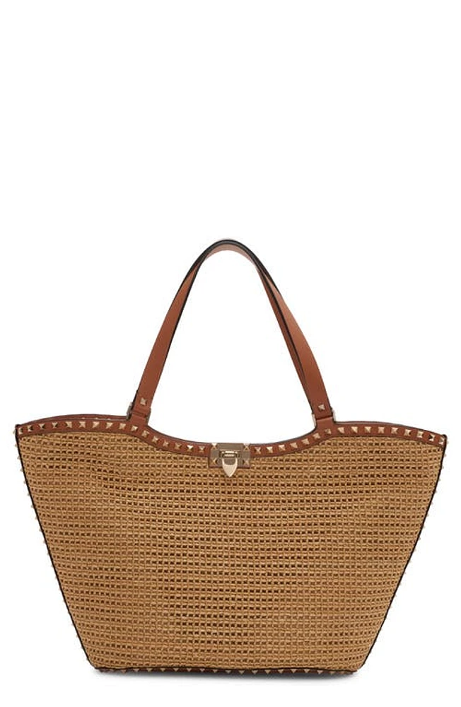 Valentino Garavani Rockstud Raffia Tote in Yhn Naturale/Almond Beige at Nordstrom