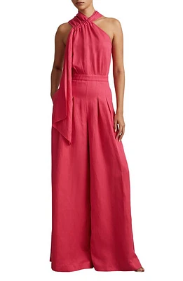 Reiss Selena Tie Neck Linen Blend Wide Leg Jumpsuit Coral at Nordstrom, Us