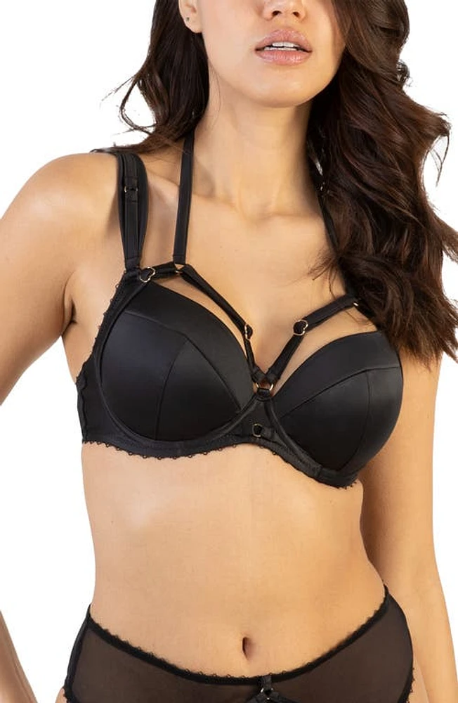 Playful Promises Noelle Strappy Satin & Mesh Underwire Plunge Bra in Black at Nordstrom, Size 34E