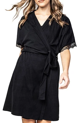 Petite Plume Lace Trim Cotton Jersey Robe Black at Nordstrom,