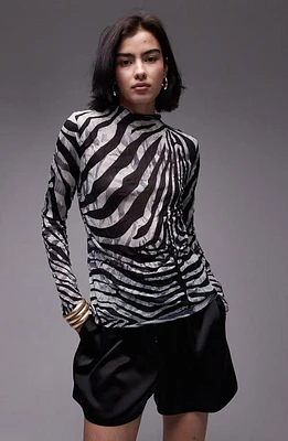 Topshop Zebra Print Funnel Neck Long Sleeve Top Black at Nordstrom,