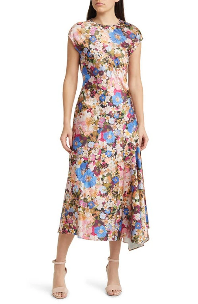 Ted Baker London Slanno Floral Asymmetric Hem Midi Dress in Black at Nordstrom, Size 1