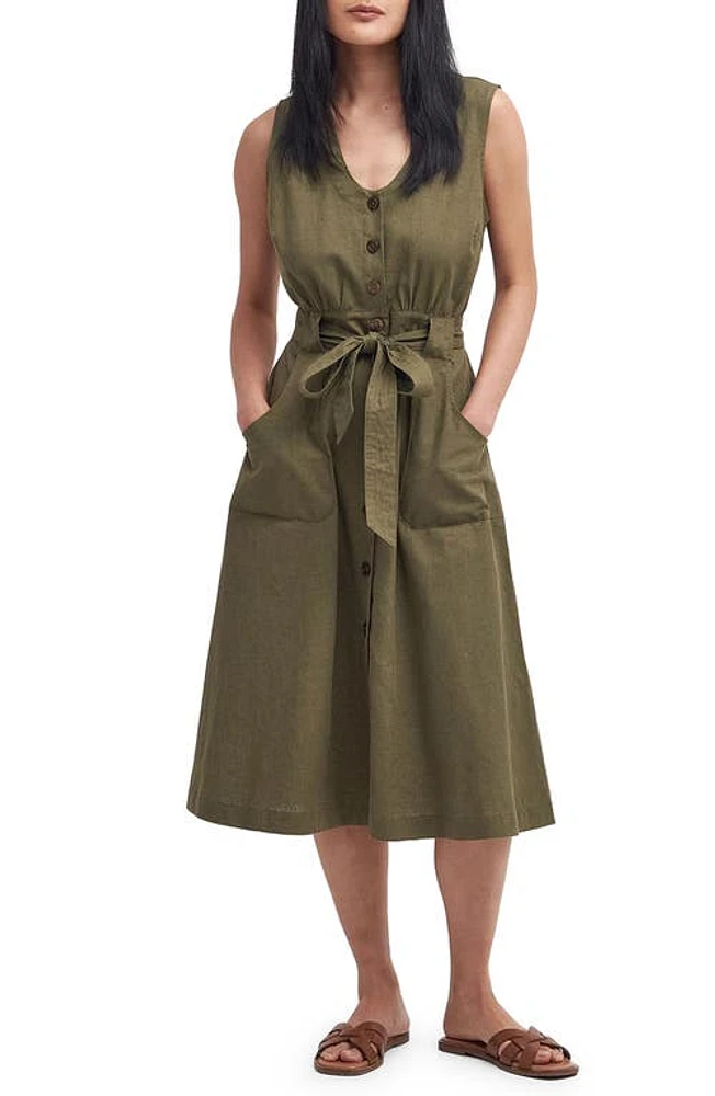 Barbour Rutherglen Cotton & Linen Midi Dress Khaki at Nordstrom, Us