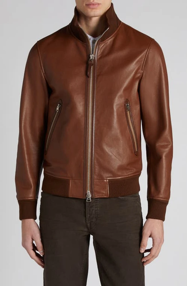 TOM FORD Tumbled Leather Track Bomber Jacket Kb292 Tan at Nordstrom, Us