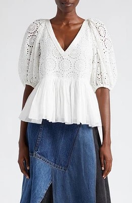 Sea Maeve Eyelet Puff Sleeve Peplum Top in White at Nordstrom, Size X-Small