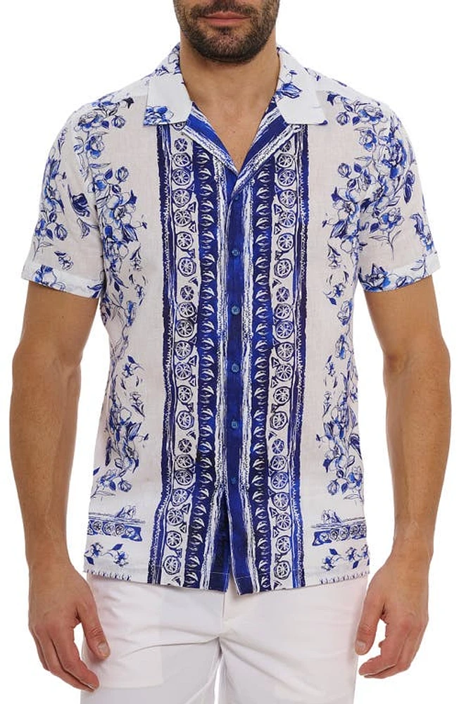 Robert Graham Corsica Short Sleeve Linen & Cotton Button-Up Shirt Blue at Nordstrom,