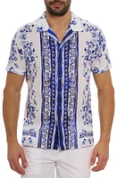 Robert Graham Corsica Short Sleeve Linen & Cotton Button-Up Shirt Blue at Nordstrom,