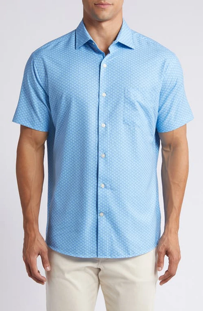 Peter Millar Clamming Shell Print Short Sleeve Performance Button-Up Shirt Mint Blue at Nordstrom,