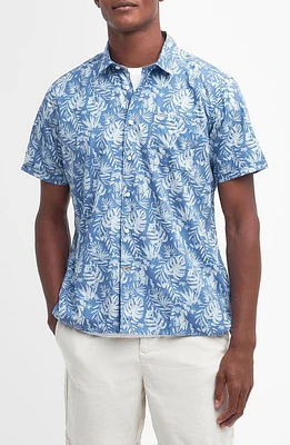 Barbour Ives Regular Fit Leaf Print Short Sleeve Cotton Button-Up Shirt Blue at Nordstrom,