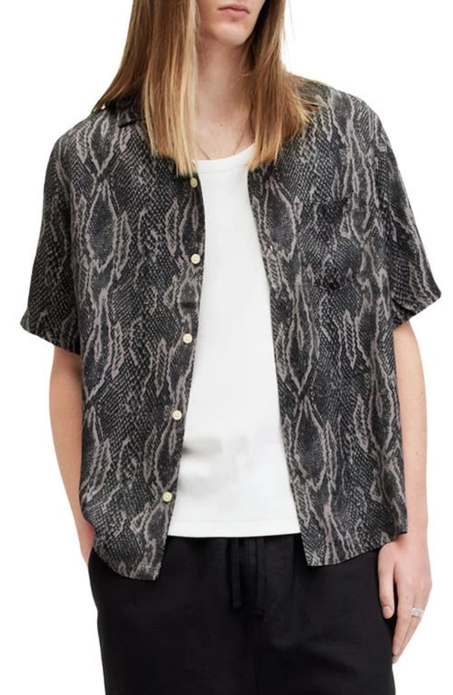 AllSaints Boomslang Snakeskin Print Camp Shirt Jet Black at Nordstrom,