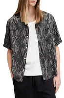 AllSaints Boomslang Snakeskin Print Camp Shirt Jet Black at Nordstrom,