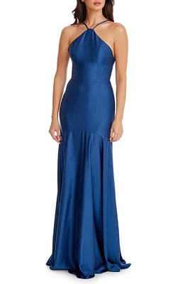 Dress the Population Justine Halter Satin Trumpet Gown Cobalt at Nordstrom,