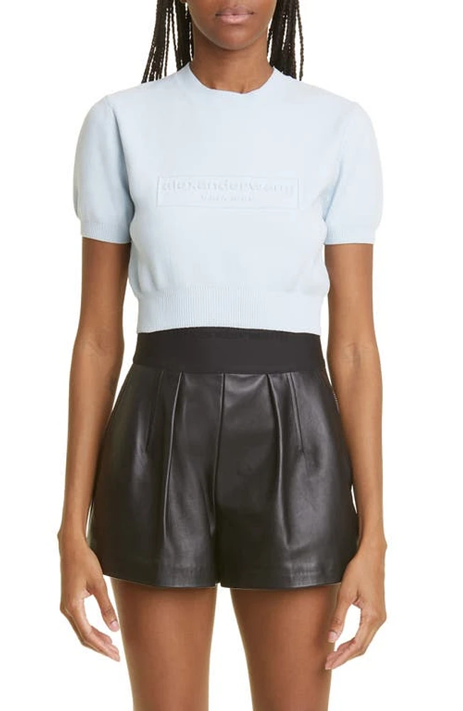 Alexander Wang Embossed Logo Short Sleeve Crop Sweater Ariel Blue at Nordstrom,