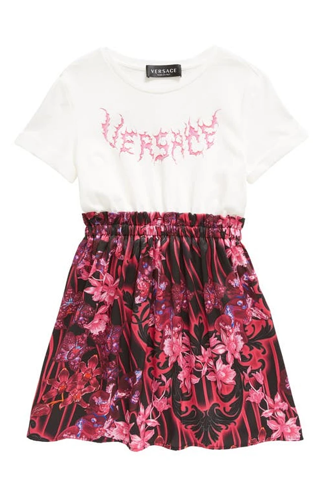 Versace Kids' Orchid Print Cotton Jersey Dress in Bianco Nero Tropical Pink at Nordstrom, Size 4Y