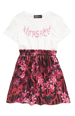 Versace Kids' Orchid Print Cotton Jersey Dress in Bianco Nero Tropical Pink at Nordstrom, Size 4Y