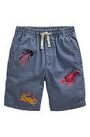 Mini Boden Kids' Stripe Sea Creature Embroidered Cotton Shorts Blue /Ecru Ticking at Nordstrom,