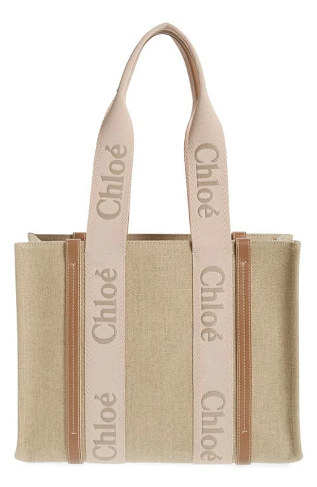 Chloé Medium Woody Linen Canvas Tote in Blushy Beige at Nordstrom