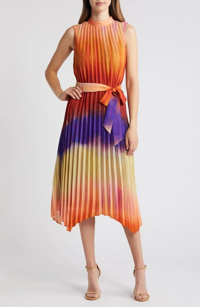 Tahari ASL Ombré Colorblock Pleated Midi Dress Orange Multi at Nordstrom,