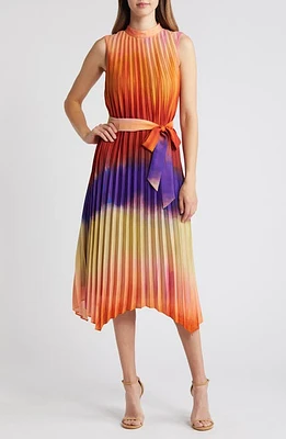 Tahari ASL Ombré Colorblock Pleated Midi Dress Orange Multi at Nordstrom,