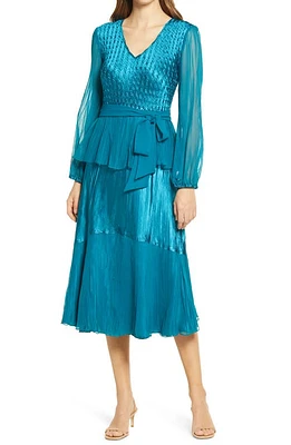 Komarov Long Sleeve Charmeuse & Chiffon A-Line Dress Peacock at Nordstrom,