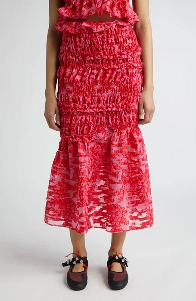 Cecilie Bahnsen Vianca Smocked Fil Coupé Midi Skirt in Magenta /Red at Nordstrom, Size 2 Us