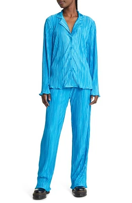 Dressed Lala Notched Collar Plissé Top & High Waist Pants Set Electric Blue at Nordstrom,