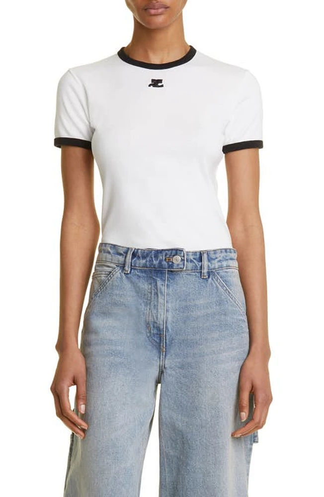 Courrèges Bumpy Embroidered Logo Cotton T-Shirt in Heritage White/Black at Nordstrom, Size Small