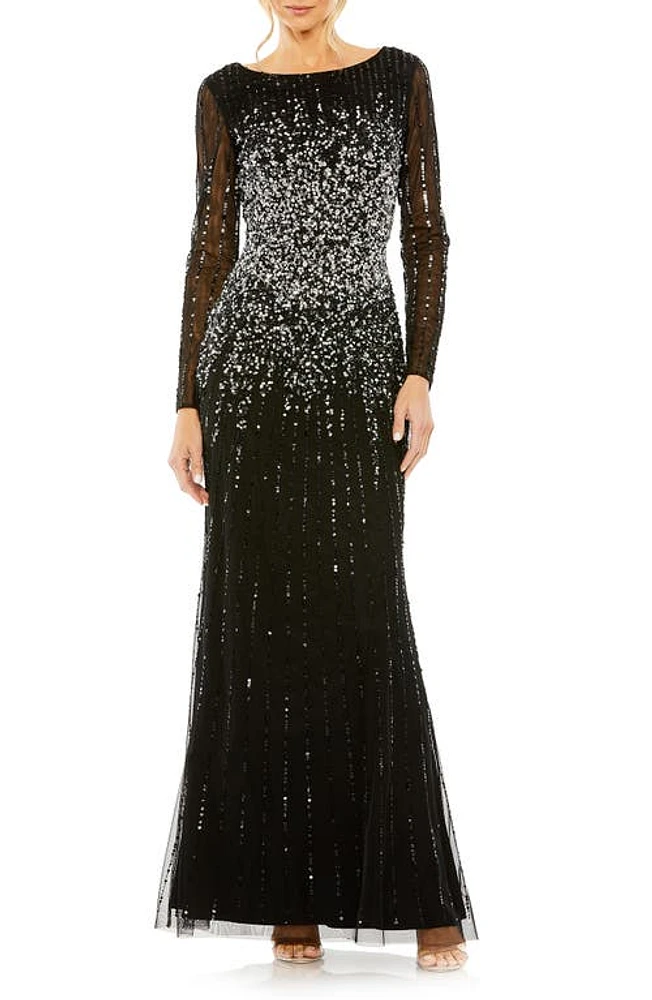 Mac Duggal Sequin Embellished Bateau Neck Long Sleeve A-Line Gown at Nordstrom,