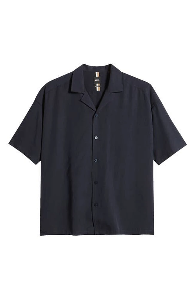 BOSS Drew Relaxed Fit Solid Lyocell Camp Shirt Dark Blue at Nordstrom,