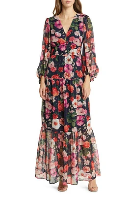 Eliza J Floral Long Sleeve Chiffon Maxi Dress Navy Multi at Nordstrom,