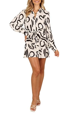 Petal & Pup Cosmo Belted Long Sleeve Linen Blend Mini Shirtdress White/Black at Nordstrom,