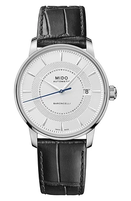 MIDO Baroncelli Signature Automatic Croc Embossed Leather Strap Watch, 39mm in Black at Nordstrom