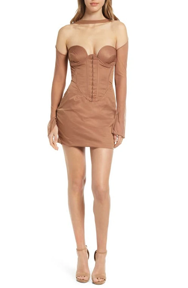 HOUSE OF CB Mayara Corset Long Sleeve Minidress in Brown at Nordstrom, Size Large D