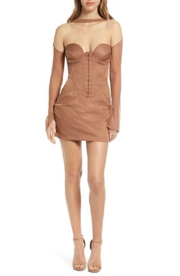 HOUSE OF CB Mayara Corset Long Sleeve Minidress in Brown at Nordstrom, Size Large D