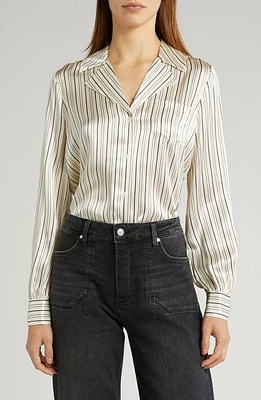 PAIGE Capriana Stripe Satin Button-Up Shirt Antique White/Black at Nordstrom,