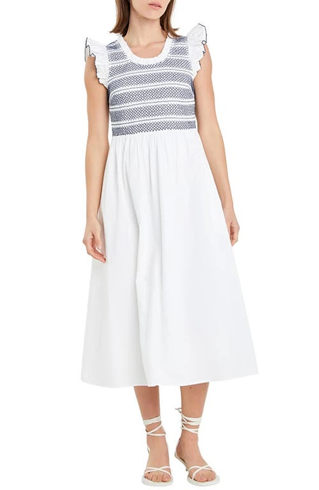 English Factory Smocked Midi Dress White/Navy at Nordstrom,