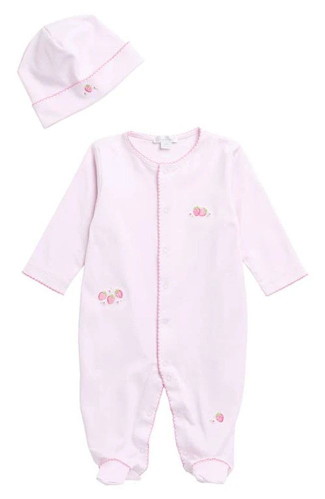 Kissy Strawberry Embroidered Pima Cotton Footie & Hat Set Pink at Nordstrom,