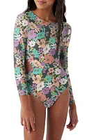 O'Neill Kids' Abbie Cutout Long Sleeve Rashguard Swimsuit Washed Black/Coral Multi at Nordstrom,