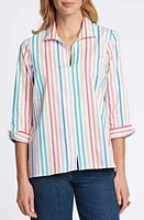 Foxcroft Agnes Rainbow Stripe Three-Quarter Sleeve Cotton Popover Top Multi at Nordstrom