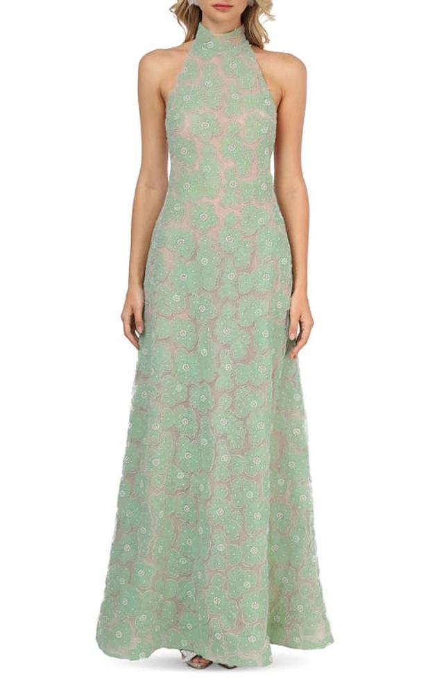 Nordstrom HELSI Marcella Floral Embellished Halter Gown Sage at Nordstrom,  | The Summit
