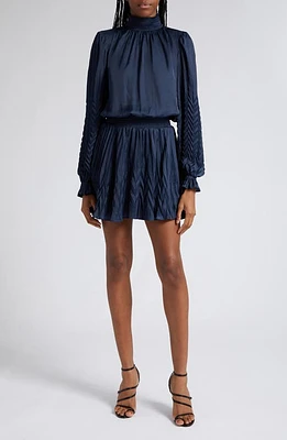 Ramy Brook Sawyer Metallic Pleat Long Sleeve Minidress Navy at Nordstrom,