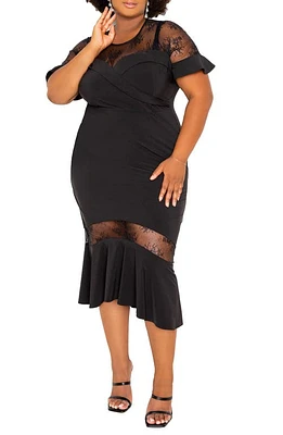 BUXOM COUTURE Fit & Flare Dress With Lace Inserts in Black at Nordstrom, Size 3 X