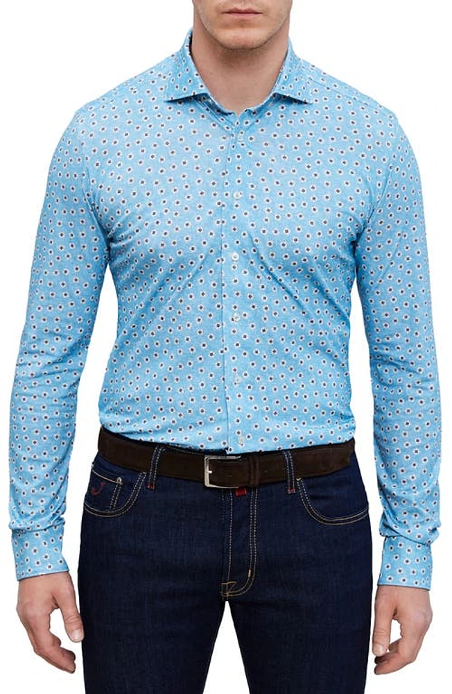 Emanuel Berg 4Flex Modern Fit Floral Knit Button-Up Shirt Turquoise at Nordstrom,