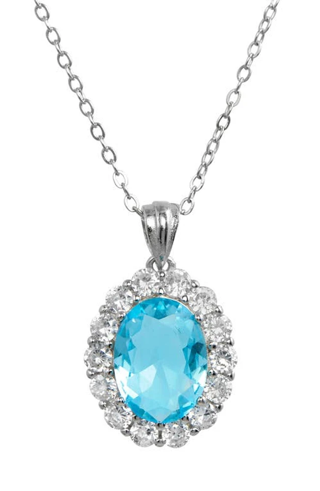 SAVVY CIE JEWELS Diana Cubic Zirconia Halo Pendant Necklace in Laguna Blue at Nordstrom