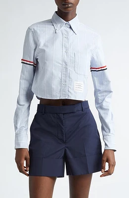 Thom Browne Armband Stripe Cotton Poplin Crop Button-Down Shirt Navy at Nordstrom, Us