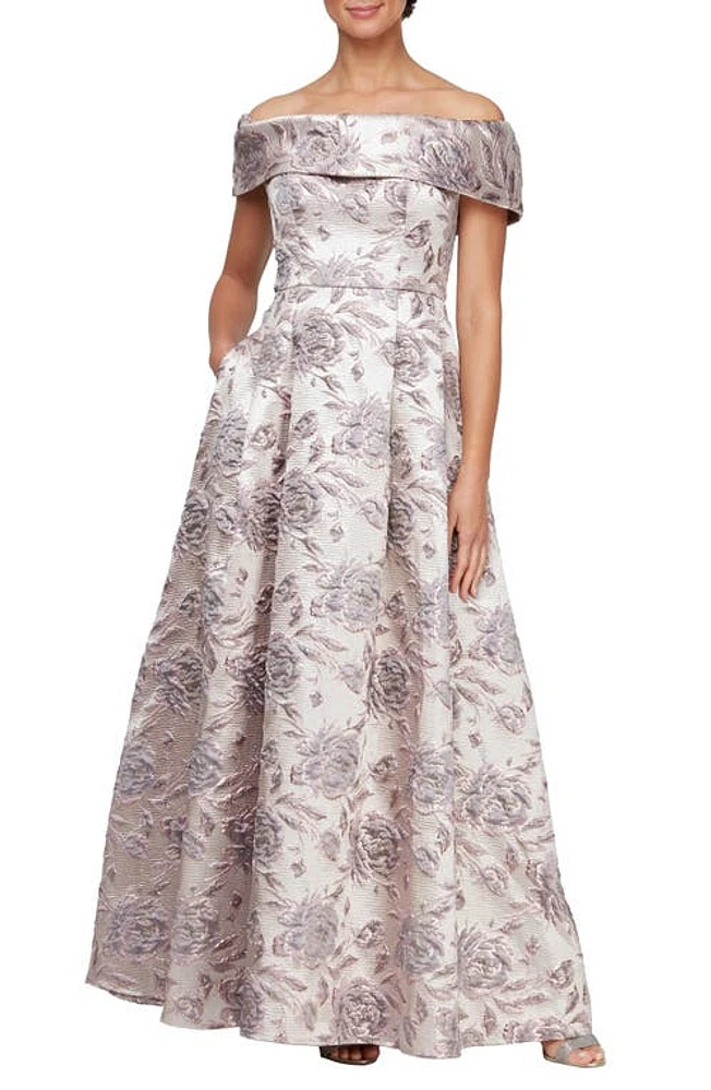 Alex Evenings Metallic Floral Off the Shoulder Jacquard Gown Mauve at Nordstrom,