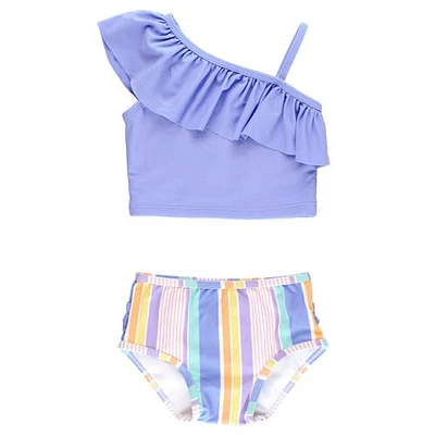 RuffleButts Girls One Shoulder Ruffle UPF50+ Tankini in Rainbow Lane at Nordstrom