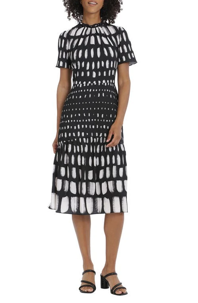 Maggy London Abstract Print Tiered Midi Dress Black/Ivory/Gray at Nordstrom,