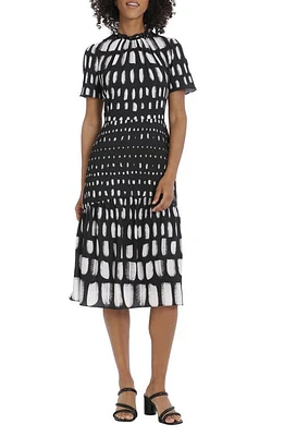 Maggy London Abstract Print Tiered Midi Dress Black/Ivory/Gray at Nordstrom,